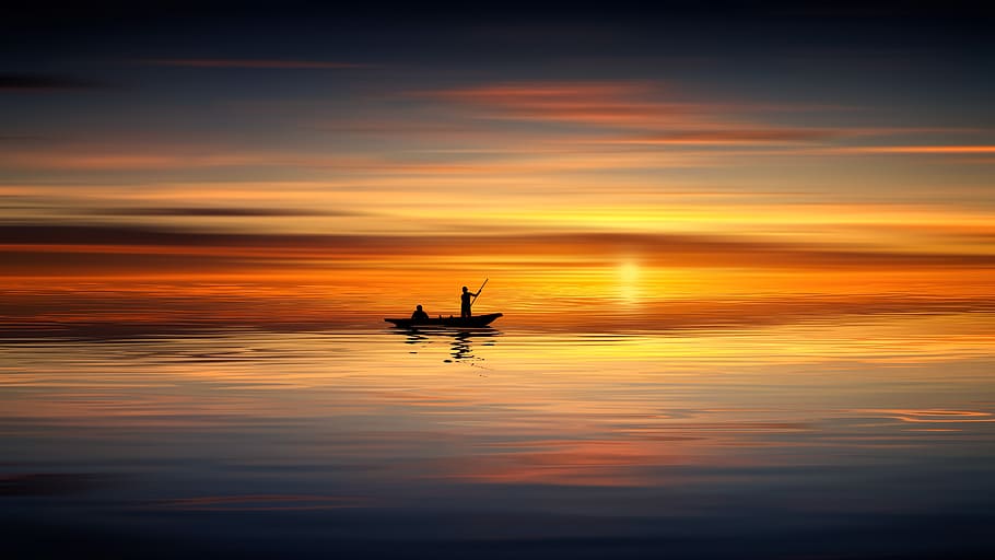 sunset, ocean, boat, human, sea, water, sky, nature, dusk, sunrise