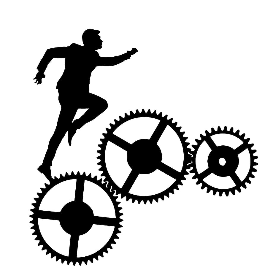 silhouette, man, running, interconnected, gears., analysis, automation, business, success, circle