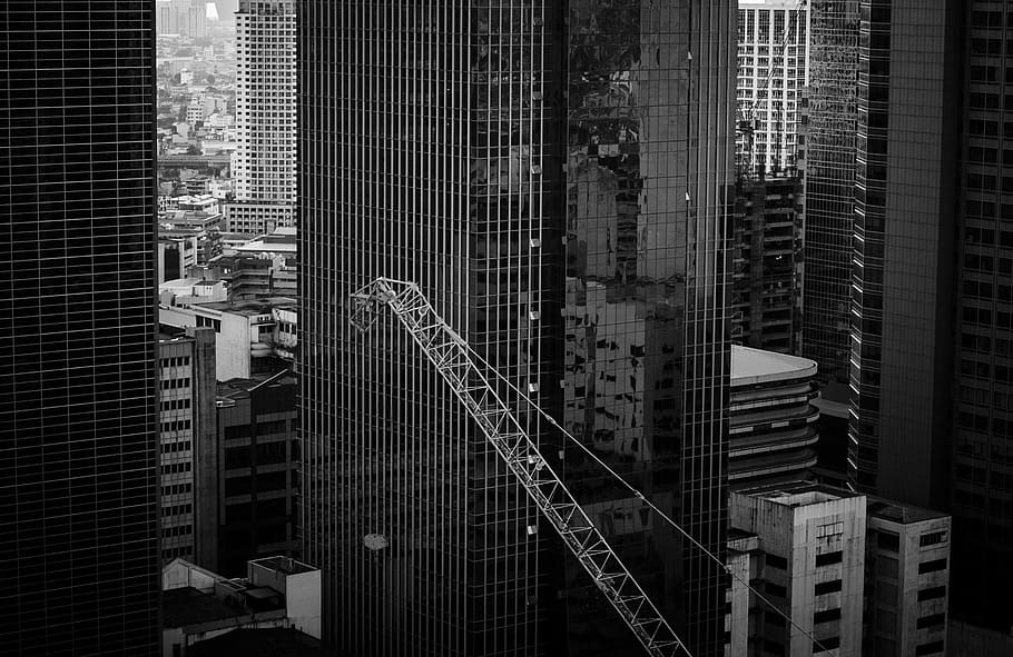 architecture, buildings, infrastructure, black and white, crane, construction, tower, skyline, skyscraper, built structure
