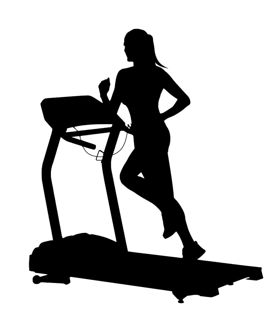 silhouette, woman, running, treadmill., treadmill, sport, gym, fitness, workout, cardio