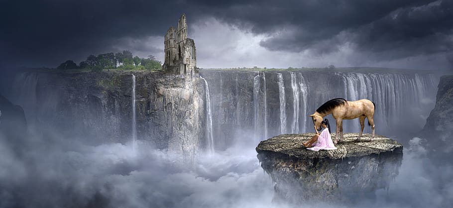 fantasy, waterfall, rock, horse, girl, clouds, ruin, landscape, water, fairy tales