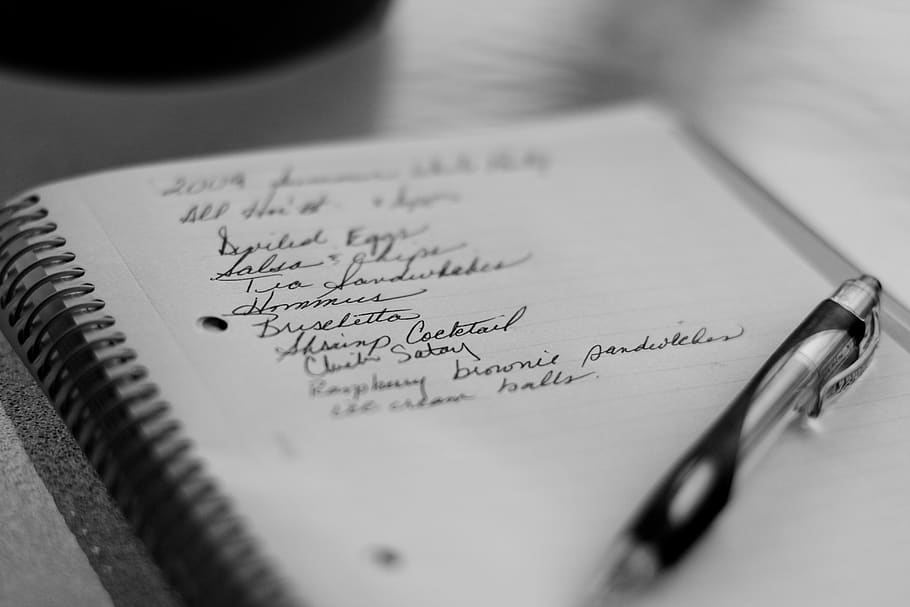grocery list, pen, paper, notepad, memo, shopping, text, selective focus, close-up, indoors