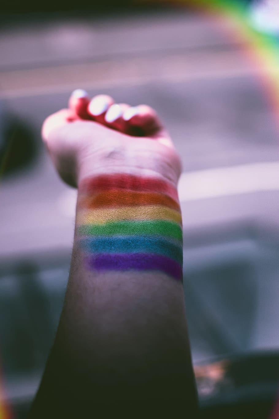 woman, rainbow, arm, pride, hand, blur, human body part, one person, multi colored, body part