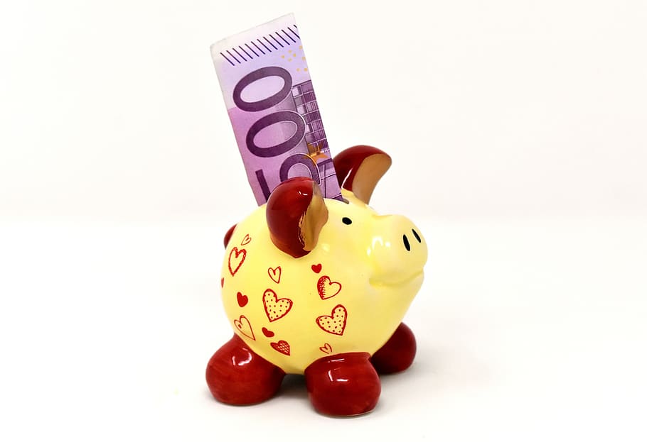 piggy bank, money, dollar bill, 500 euro, save, ceramic, economical, funny, save money, finance