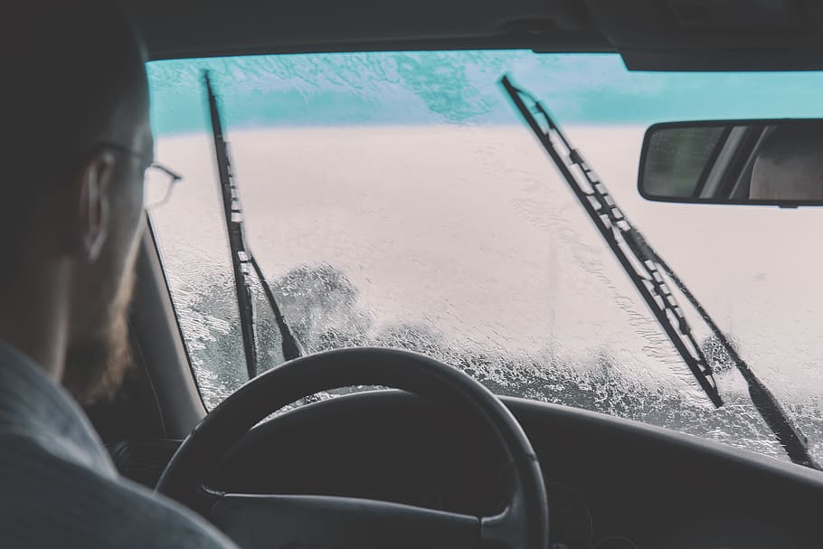 car, windshield, driving, raining, windshield wipers, guy, man, people, steering wheel, automotive