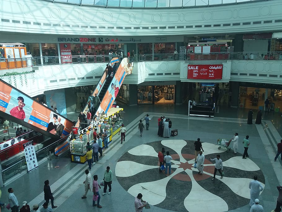 mall, stores, saudi, arabia, escalators, people, shopping, group of people, large group of people, crowd