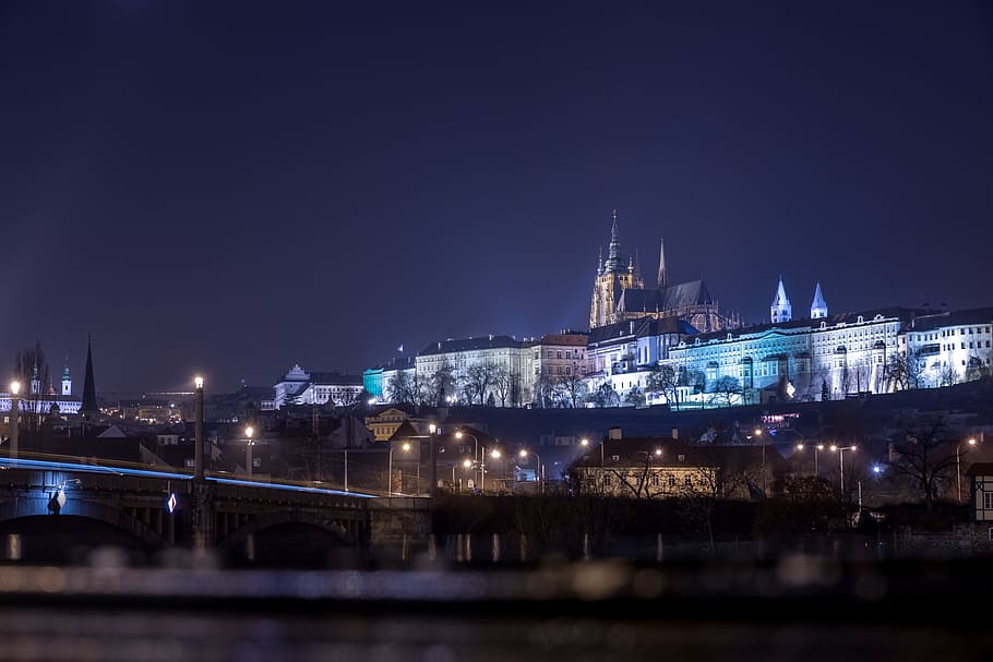 historical, city, prague, night, built structure, architecture, building exterior, illuminated, water, sky
