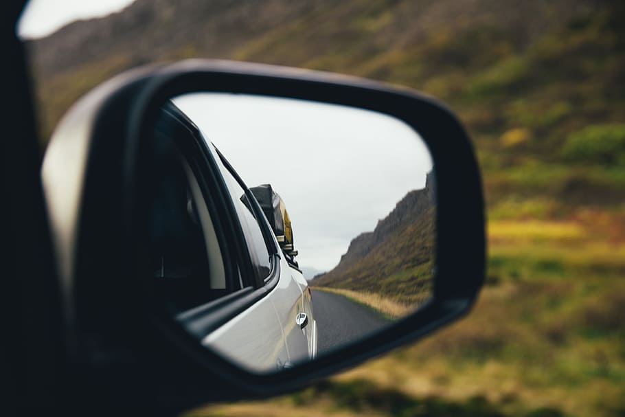 traseira, espelho, carro, auto-estrada, aventura, dirigir, terra, paisagem, reflexão, passeio