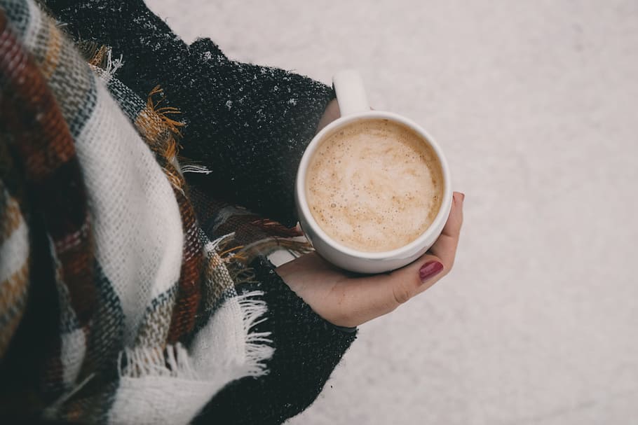 people, woman, coffee, cream, hands, manicure, red, scarf, cold, weather