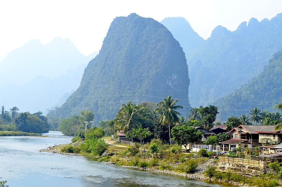 laos, luang prabang, colina, vila, viagens, turismo, excursão, montanha, árvore, plantar