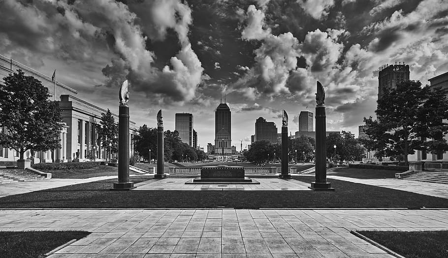 indianapolis, indiana, city, urban, skyline, cityscape, buildings, skyscrapers, world war i memorial, silhouettes
