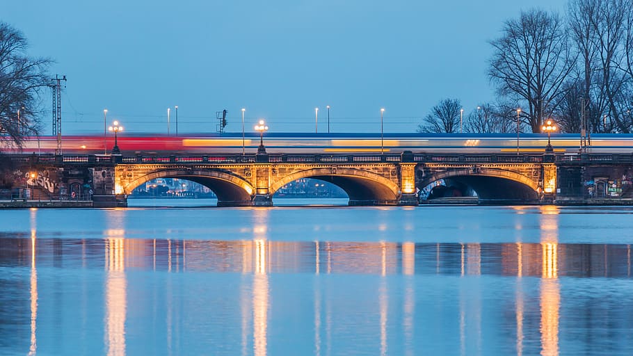 waters, panorama, bridge, travel, transport system, alster, hamburg, binnenalster, water, bridge - man made structure