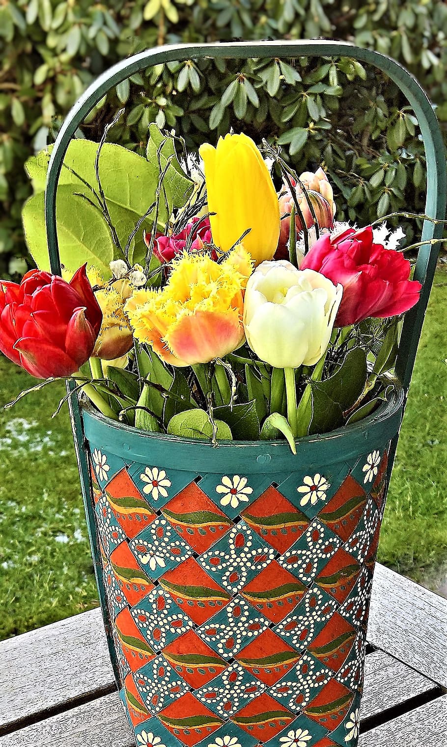 flowers, wood basket, tulip bouquet, spring, colorful tulips, basket painted, red, blue, white, spring flowers