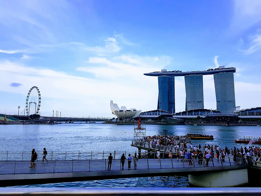 city, singapore, building, architecture, river, water, sky, group of people, built structure, large group of people