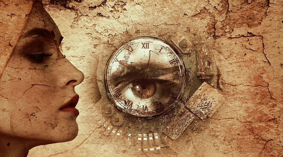 fantasy, woman, clock, mysterious, face, dream, eye, male, mystical, young
