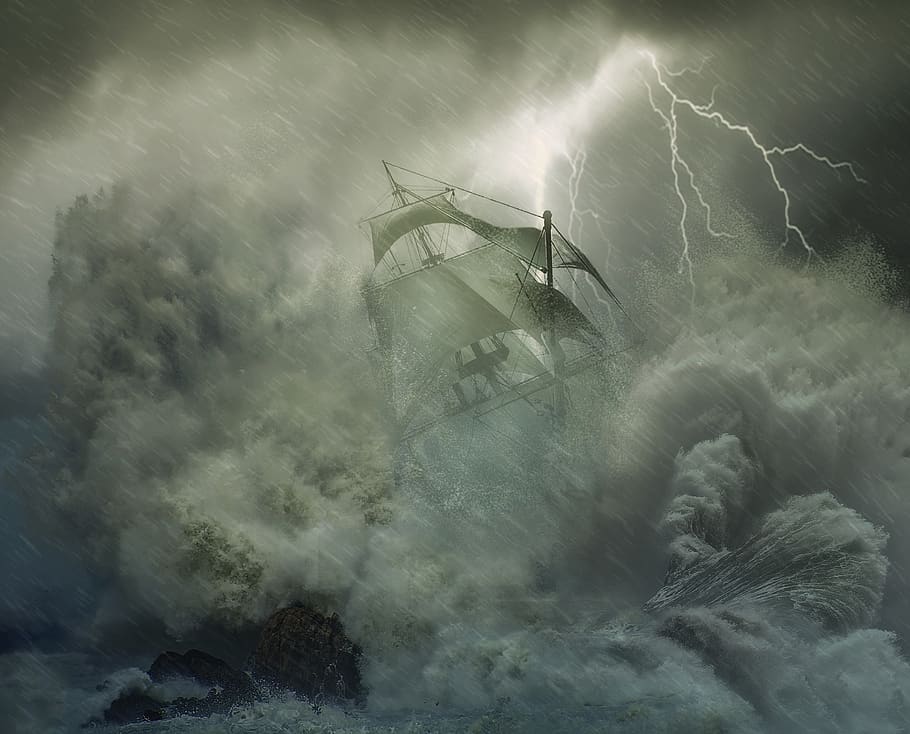 photoshop, foto montase, fantasi, perahu layar, badai, laut, kilat, kekuatan di alam, alam, kekuatan