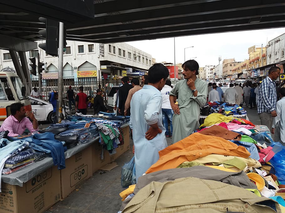 Calle, tiendas, ropa, paso elevado, Arabia Saudita, Arabia, vendedores, exterior, mercado, pantalones