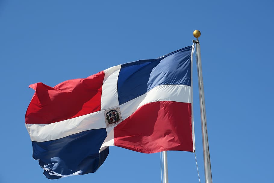flag, dominican republic, mast, sky, blue, patriotism, wind, red, environment, low angle view
