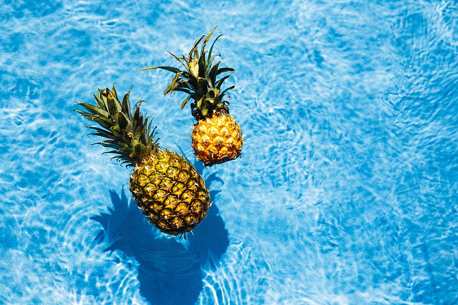 pineapple, swimming, pool, day, summer, water, copyspace, fruits, vacations, outdoor