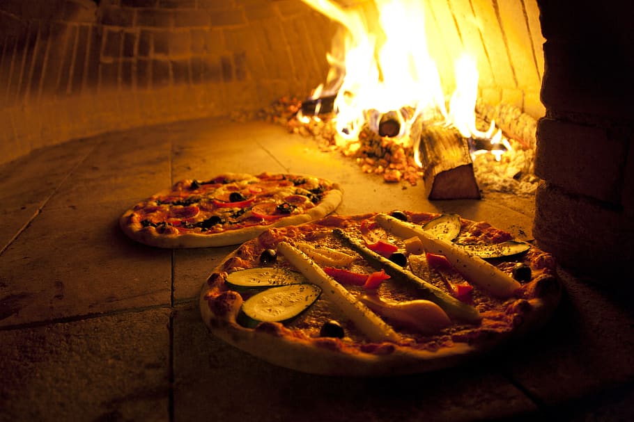 pizza, oven, wood burning stove, wood, fire, heat, asparagus, zucchini, olive, salami
