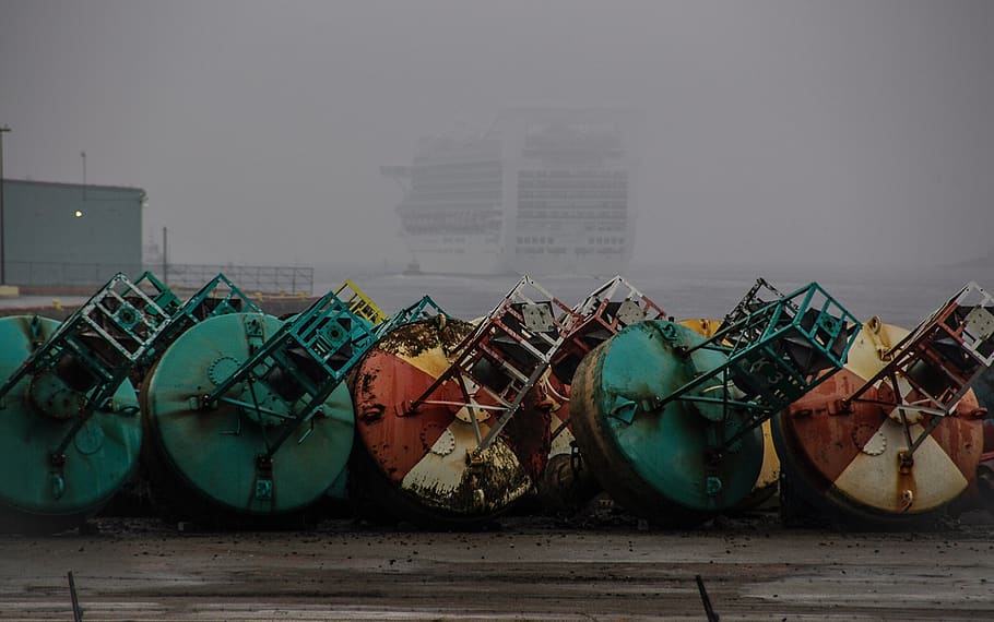 fog, port, boat, buoy, metal, rusty, sea, departure, saint-john, new brunswick