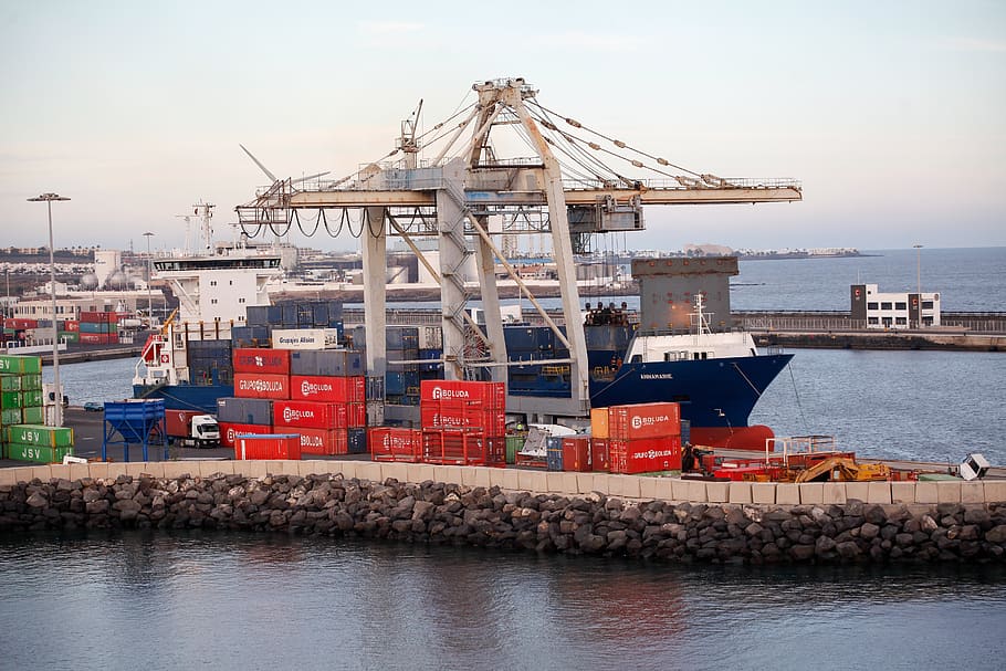 container, port, crane, arrecife, lanzarote, logistics, trade, container ship, cargo, water