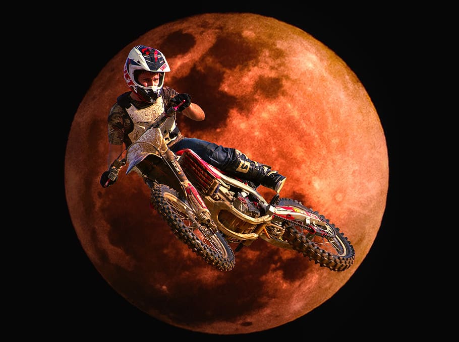 motocross, bicicleta da sujeira, lua, vermelho, conluio, bicicleta, esporte, extremo, motocicleta, motociclista