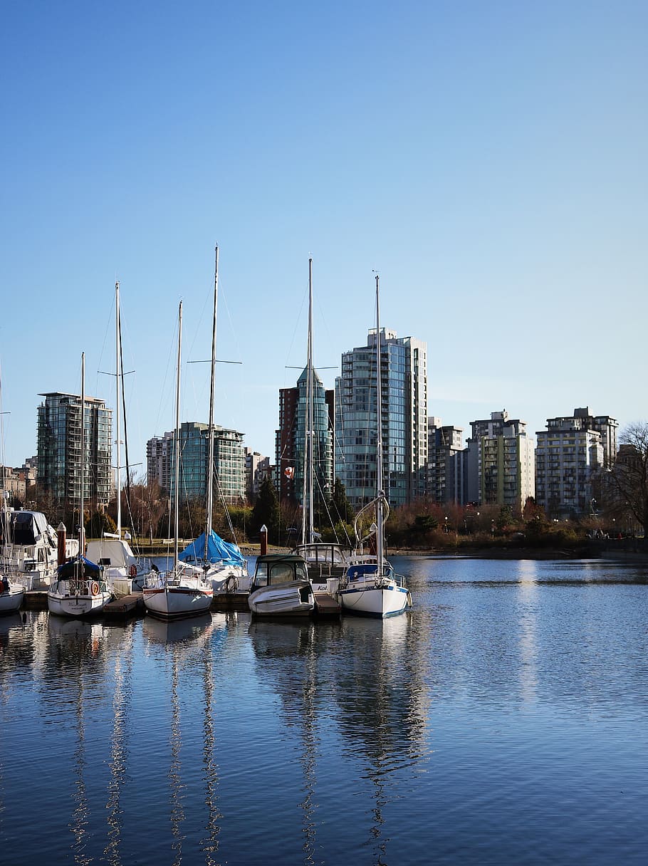 vancouver, boats, buildings, lake, water, nautical vessel, sky, mode of transportation, transportation, architecture