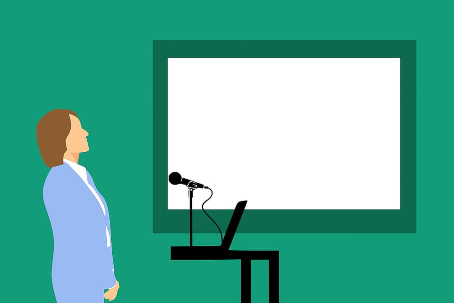 ilustração, ensino da mulher, frente, quadro branco, microfone, computador portátil, computador., treinador, conselho de administração, classe