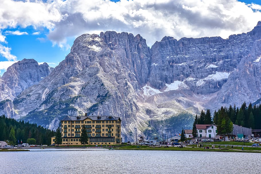 mountain, snow, lake, nature, waters, landscape, summer, water, italy, rock
