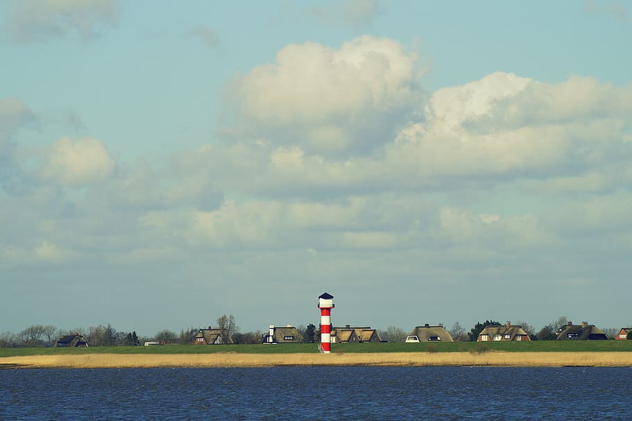 lighthouse, marsh, coast, maritime, lower saxony, wischhafen, wide, north sea, color, vision