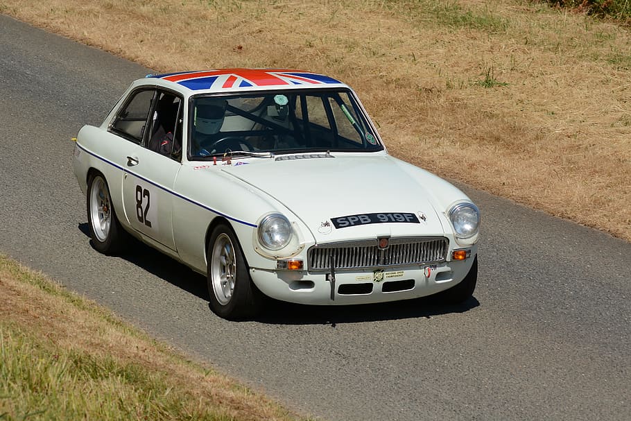 mg, white, race car, competition, speed, hillclimb, drive, corner, action, motorsport