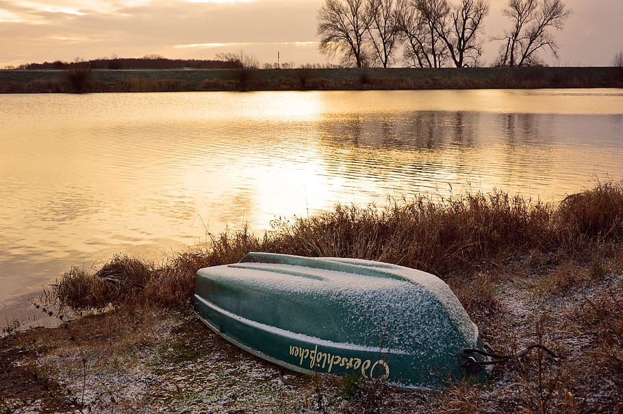 boat, rowing boat, winter, winterize, water, river, landscape, river landscape, winter picture, mood