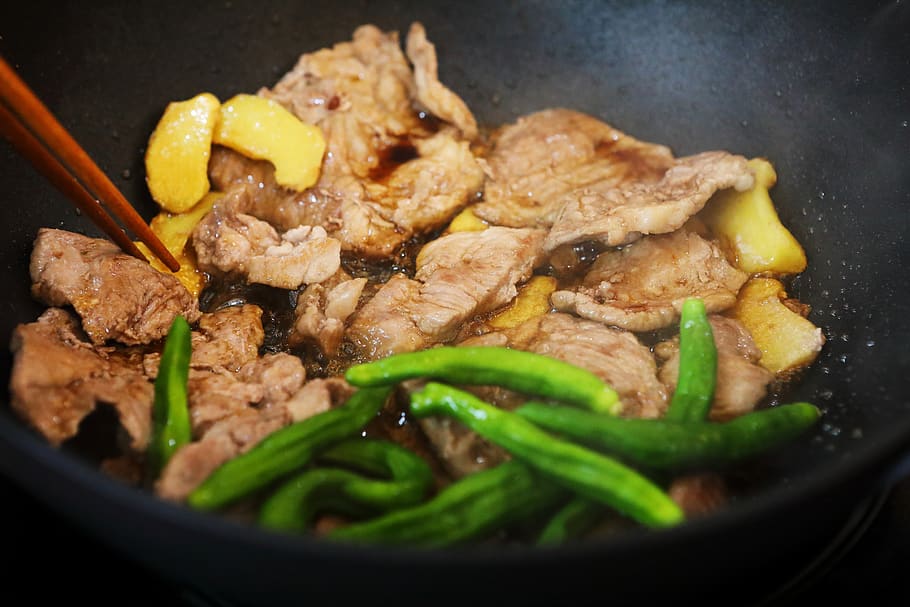 daging babi, jahe, memasak, makanan, acara harus merasakan, aduk, jepang, alat jahe, makan, gourmet