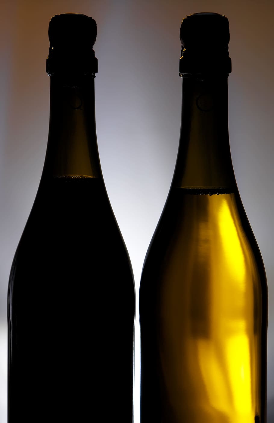 bottles, vine, wine, yellow, glass, pair, two, drink, bottle, alcohol