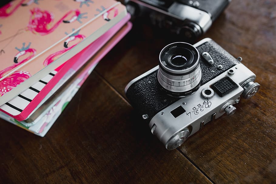 old, analog cameras, pink, books, wooden, table, camera, analog, book, diary