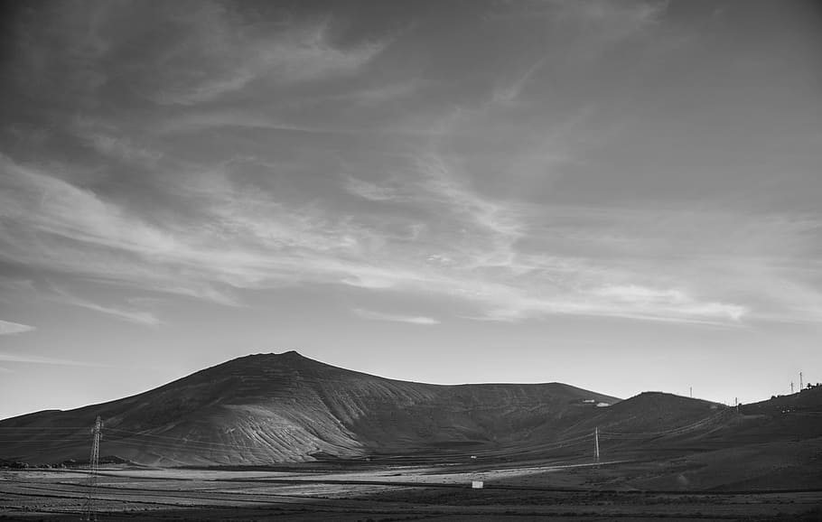 black and white, dramatic, landscape, travel, mountain, calm, still, electrical, pylons, energy