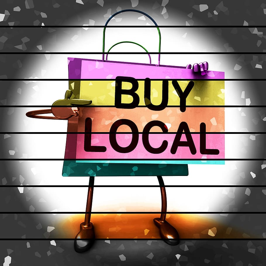 comprar, local, sacola de compras, mostrando, comprando, produtos, localmente, negócio, comprar sacola local, comprando localmente
