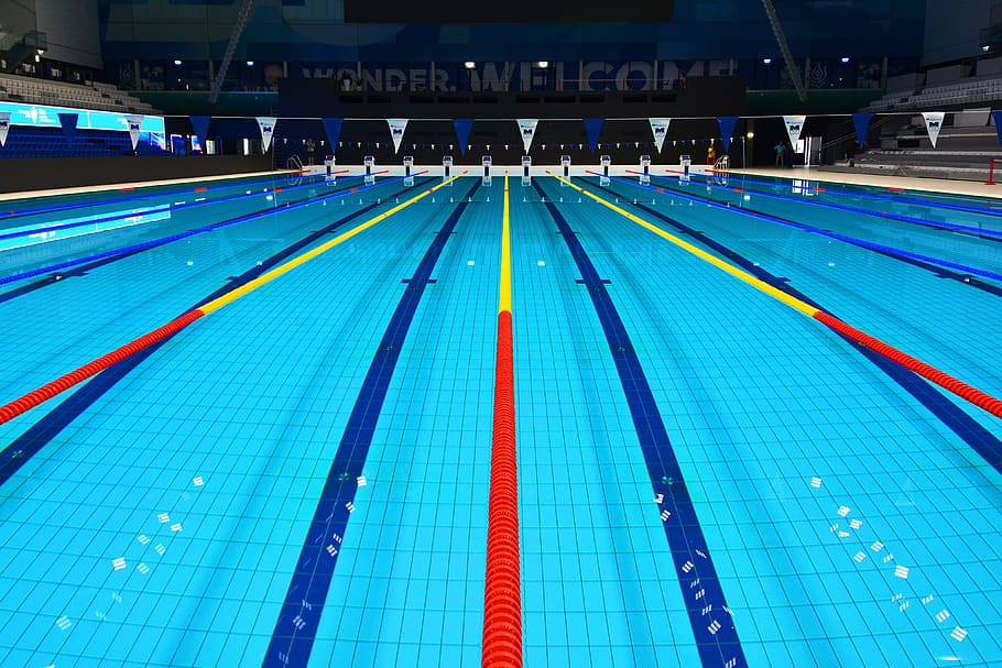 kolam renang Olimpiade, sportVarious, kompetisi, olahraga, penanda jalur renang, kolam renang, biru, air, absen, di dalam ruangan