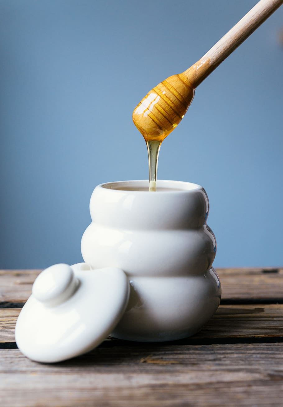 fresh honey, honey, ingredient, ingredients, jar, liquid, pot, sweet, white, wood - material