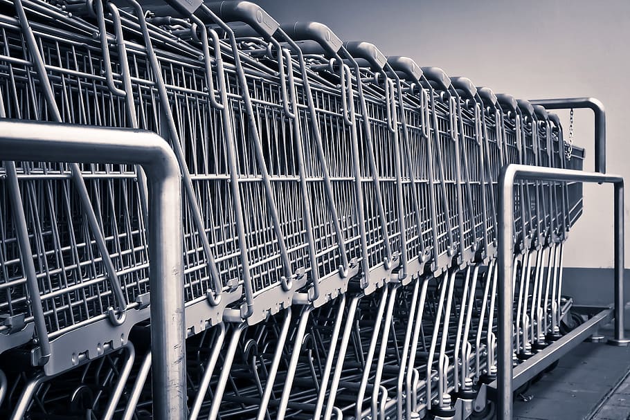 shopping carts, various, shop, shopping, shops, shopping cart, metal, in a row, large group of objects, order