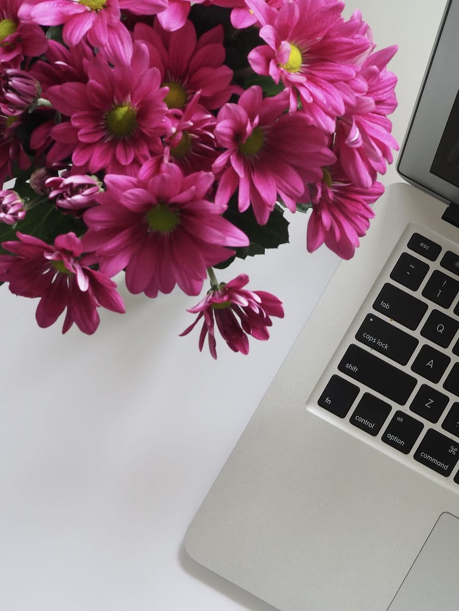 mac, pink, flowers, white, table, minimal, apple, keyboard, device, button