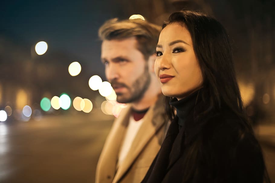 young, adult couple, waiting, road, night, 25-30 years, 30-35 years, asian, beautiful, date