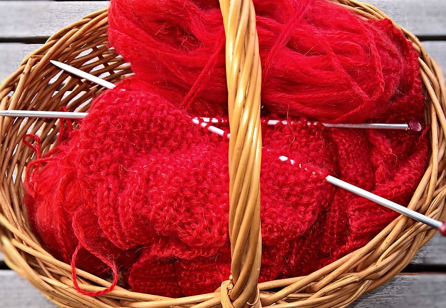 lã, cesta, malha, mão de obra, passatempo, atividade de lazer, camisola, faça o seu, vermelho, recipiente