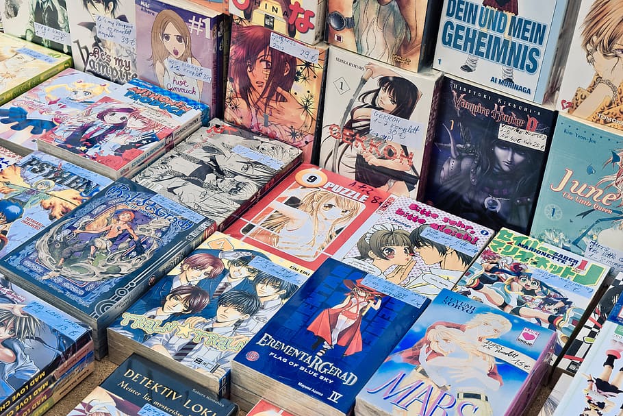 historietas, mangas, lectura, dibujos, japón, venta, mercado de pulgas, stand, cultura cómica, literatura