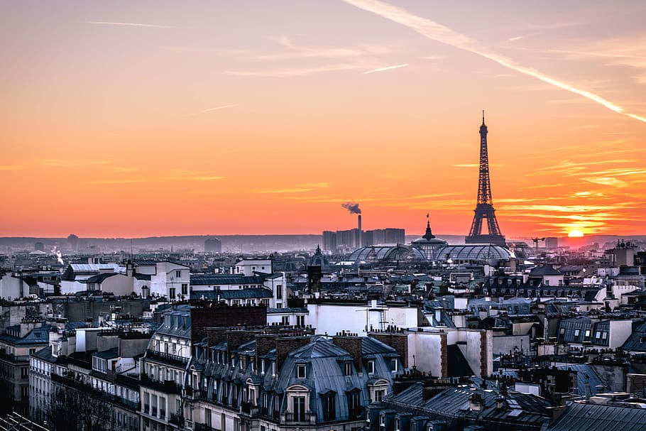 закат в париже, город и городские, городской пейзаж, HD обои, архитектура, Экстерьер здания, построенная конструкция, город, закат солнца, здание