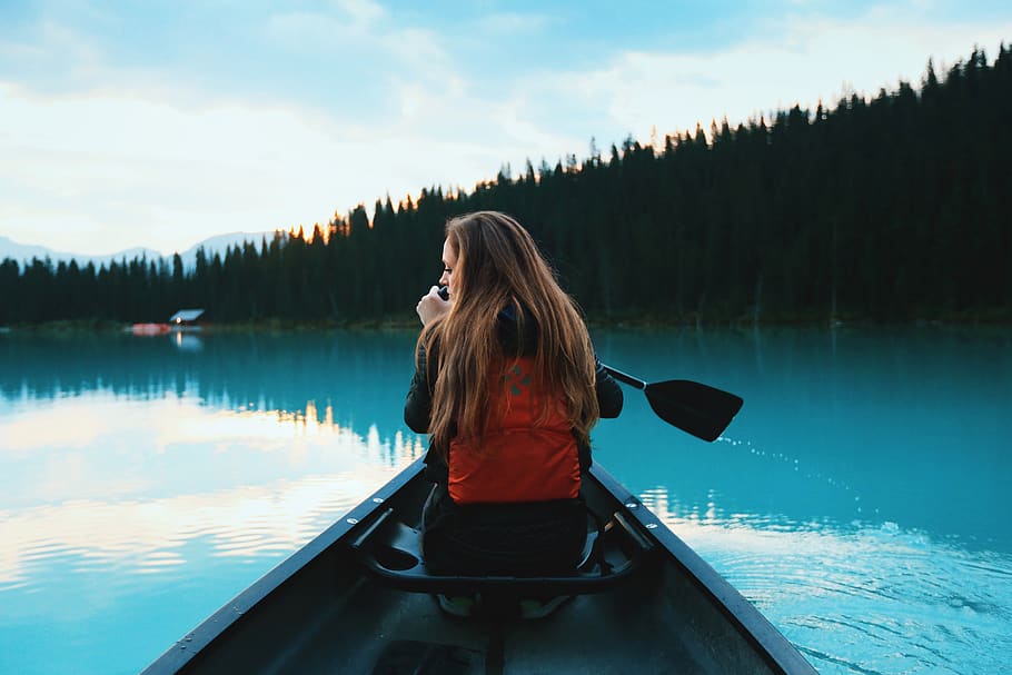 canoeing, girl, canoe, water, leisure, adventure, paddle, paddling, lake, real people