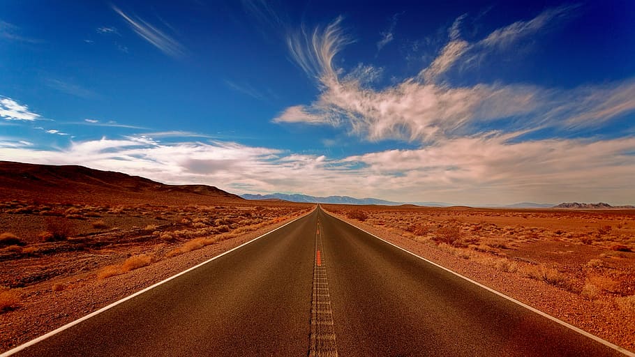 street, desert, california, sky, bird, blue sky, landscape, environment, road, cloud - sky