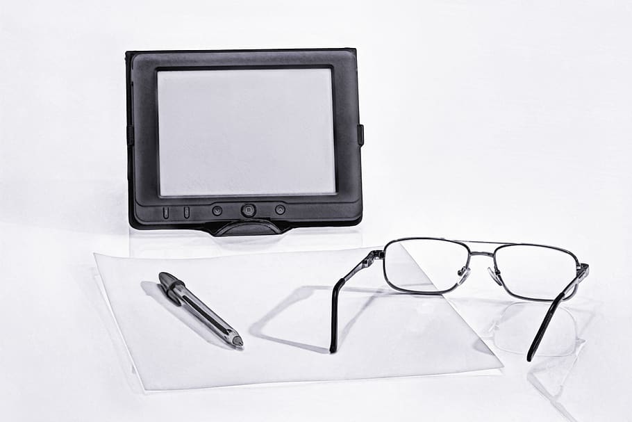 ball pen, a4, a sheet of paper, education, ebook, glasses, library, e-book, reading, info