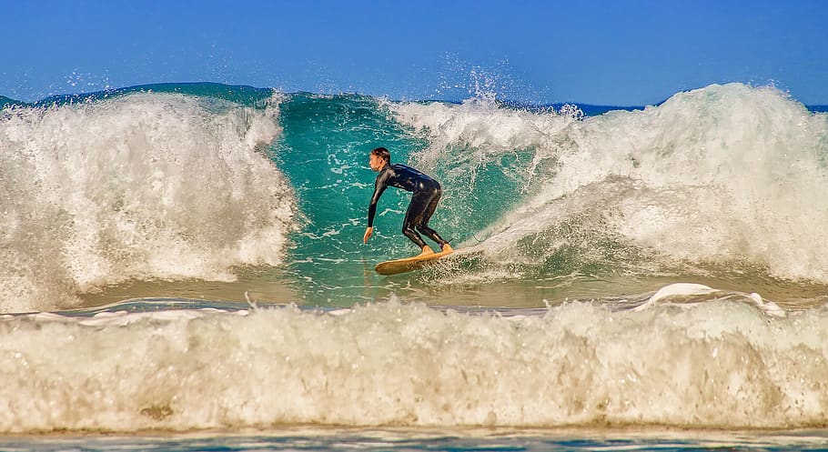 surfer, papan selancar, laut, olahraga air, air, kepala, alam, gelombang, semprotan, olahraga